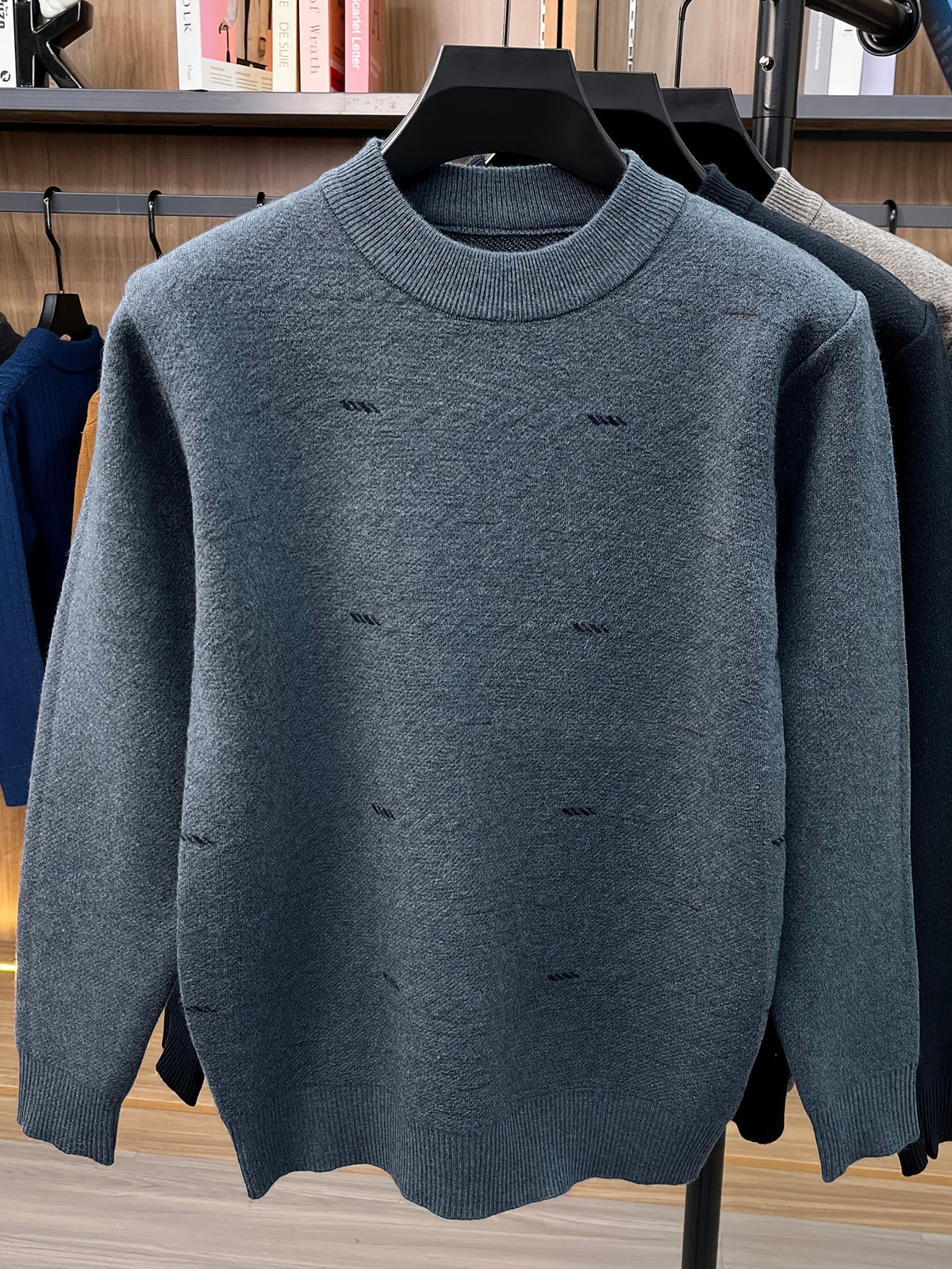 Autumn/Winter Men's Crew Neck Knit Sweater, Simple Subtle Jacquard Pattern, Mid-Life Layering Top - Medium Gray