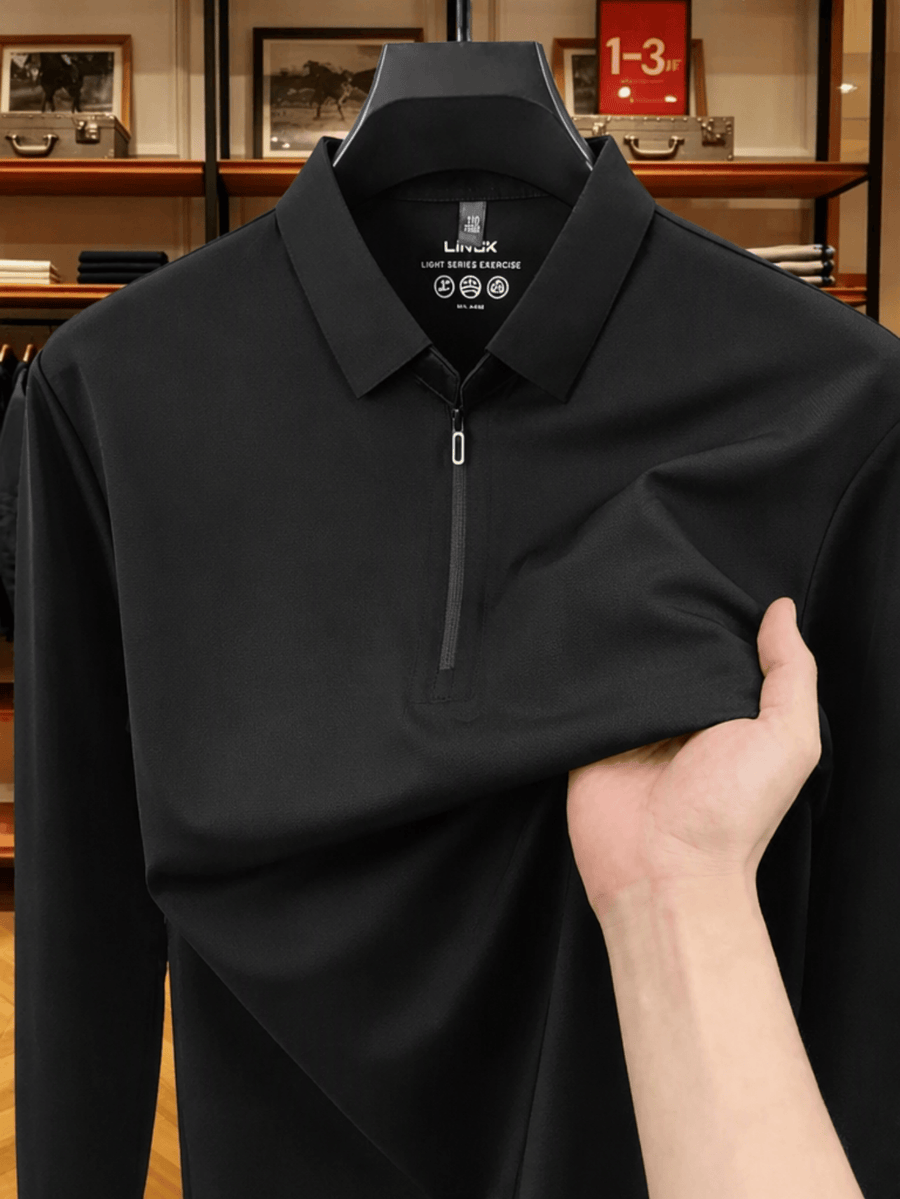 Men'S Thin Loose Zip Collar Lapel Long Sleeve Polo Shirt Skin-Friendly Non-Iron Business Casual Top for Spring Autumn Daily Commute Layering Outfit for Middle-Aged Dad, Suitable for Golf, Fishing, Tennis, Outdoor Sports - Black