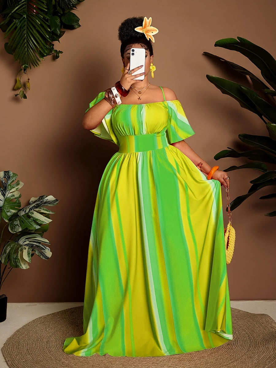 Plus Size Women'S Printed New Spring Summer Off-Shoulder Long Dress - Yellow