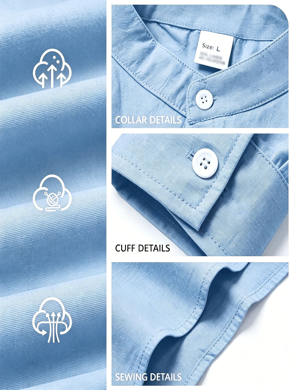 Men's Linen Long-sleeve Shirt, Small Stand-up Collar Button- Casual Shirt, Solid Color Simple and Versatile Style, Suitable for Spring and Autumn Outdoor Activities, Travel and Vacation, and Daily Commuting Wear - Sky Blue