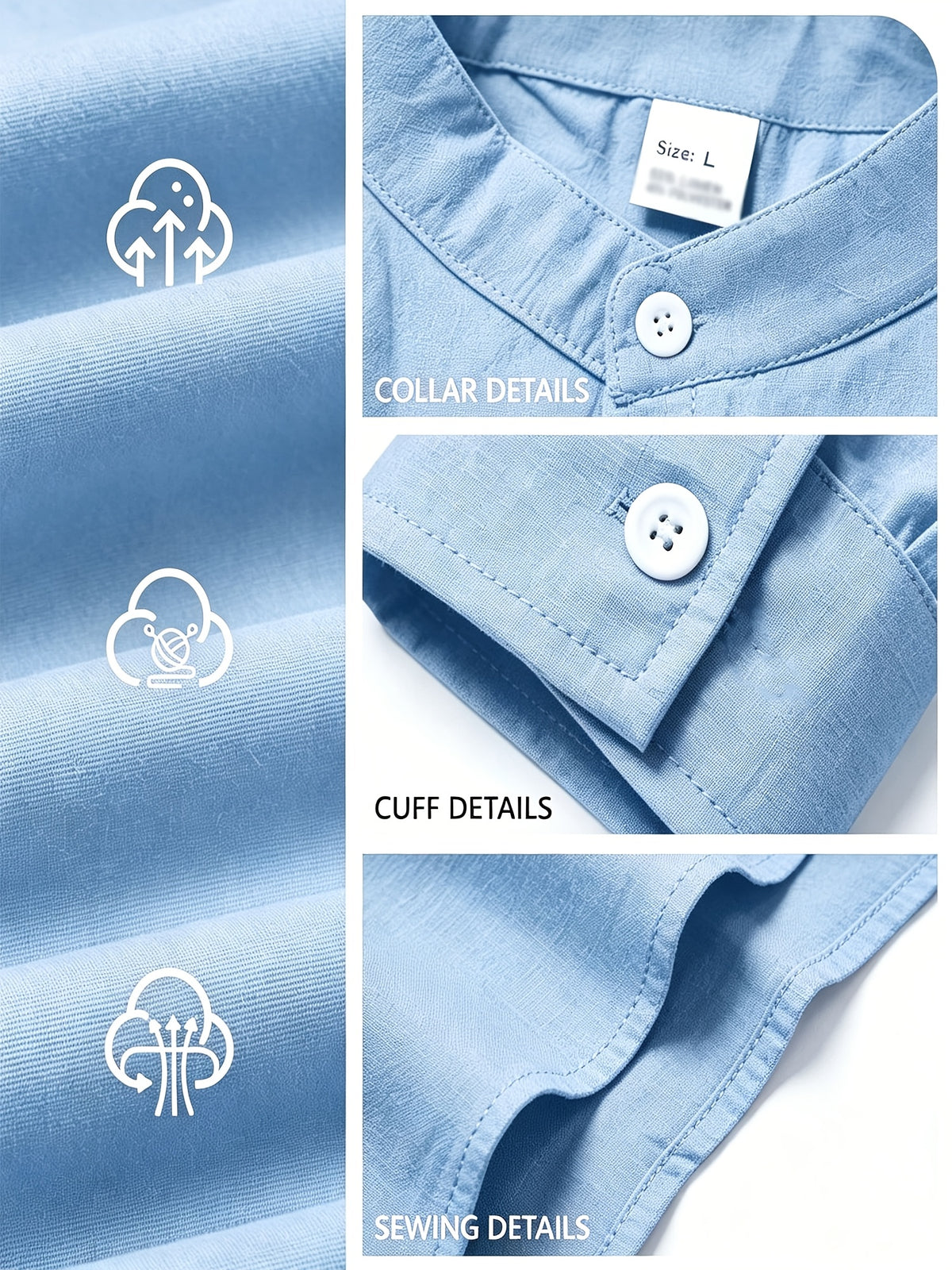 Men's Linen Long-sleeve Shirt, Small Stand-up Collar Button- Casual Shirt, Solid Color Simple and Versatile Style, Suitable for Spring and Autumn Outdoor Activities, Travel and Vacation, and Daily Commuting Wear - Sky Blue