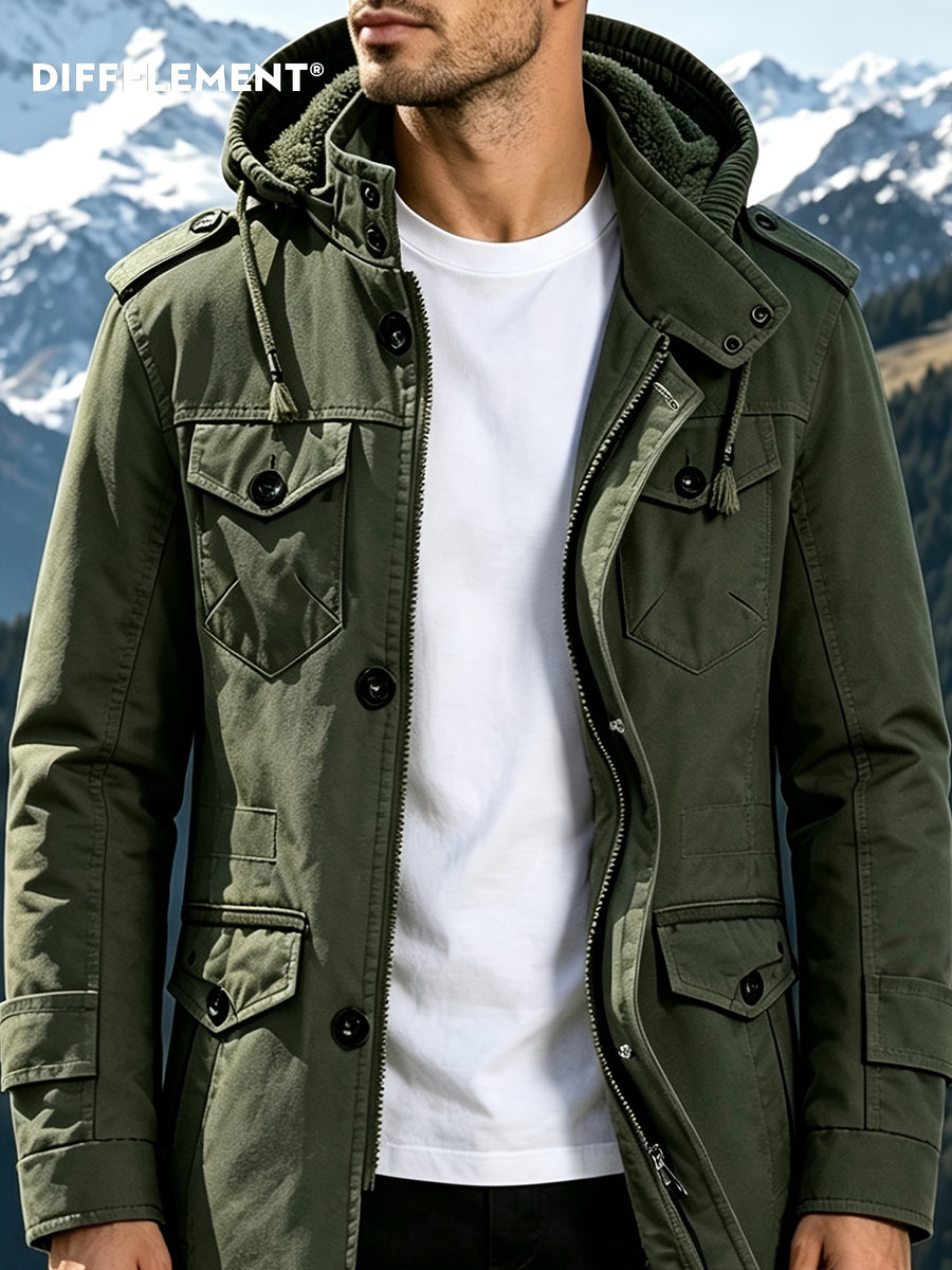 DIFFELEMENT Men's Outdoor Workwear Style Mid-Length Hooded Parka Coat with Fleece-Lined Thickened Lamb's Fleece Interior, Hood, Zipper, Button Double Front Closure, Windproof Multi-Pocket Design, Cold-Resistant, Wear-Resistant, and Warm Padded Coat - Military Green