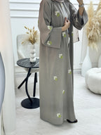 Middle Eastern Ramadan Open-Floral Embroidery Elegant Women's Outerwear, Daily Outing Casual Loose Robe Abaya - Grey