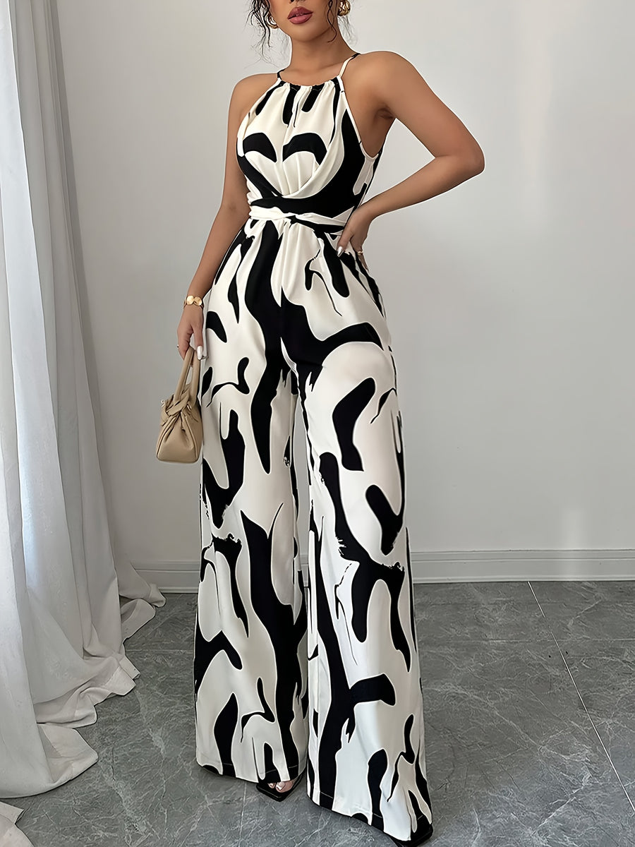 Women'S Printed Fabric Ruched Jumpsuit with Halter Neck, Elegant for Holiday And Everyday Wear - Black And White