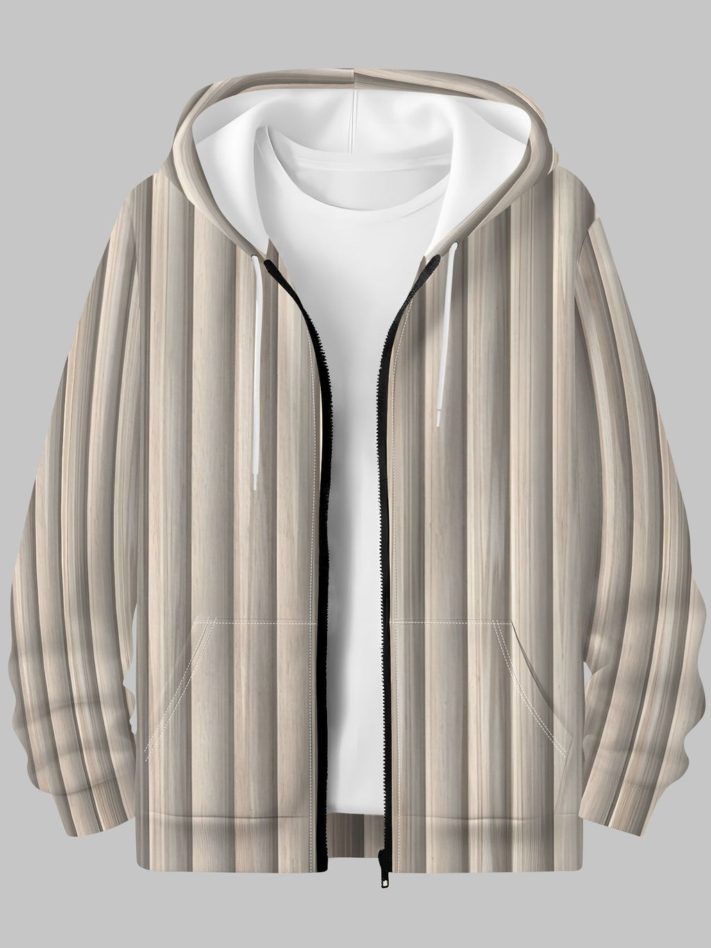 Men's Autumn/Winter Zip-Up Hooded Sweatshirt with Light Wood Grain Vertical Stripe Grille Panel Print, Casual and Versatile Top - Mixed colors