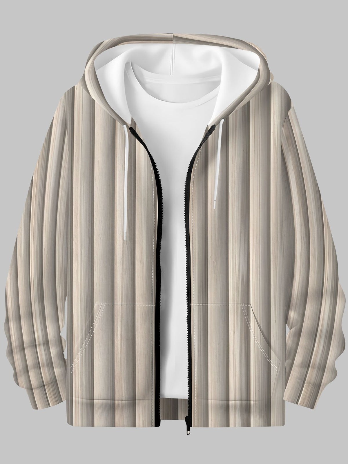 Men's Autumn/Winter Zip-Up Hooded Sweatshirt with Light Wood Grain Vertical Stripe Grille Panel Print, Casual and Versatile Top - Mixed colors