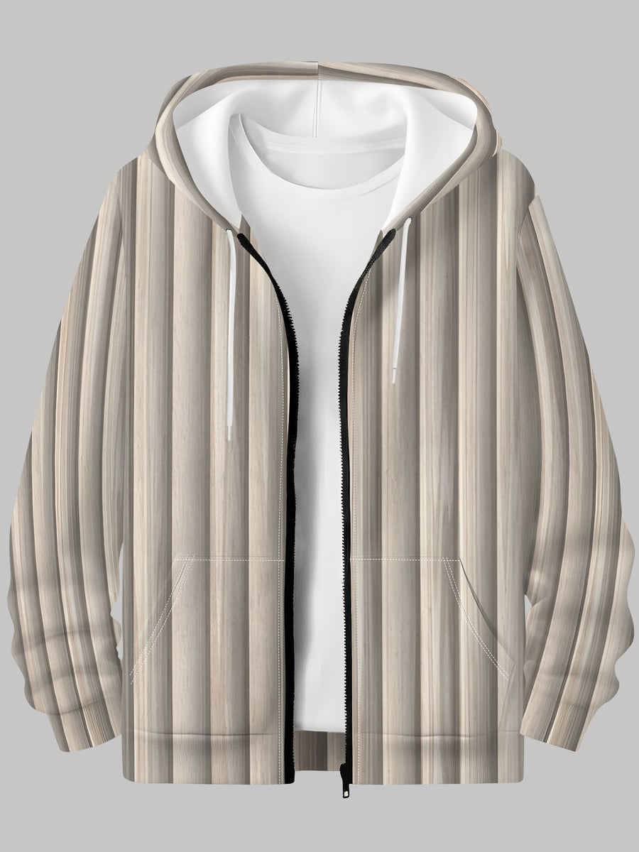 Men's Autumn/Winter Zip-Up Hooded Sweatshirt with Light Wood Grain Vertical Stripe Grille Panel Print, Casual and Versatile Top - Mixed colors