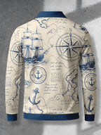Men's Contrast Color Long Sleeve Polo Shirt, Lapel Collar Three-Button Casual Top with Vintage Nautical Manuscript Print, Versatile Men's Apparel for Spring/Autumn Business Commuting and Golf, Surprise Birthday/Holiday Gift for Young Men - Mixed Color B