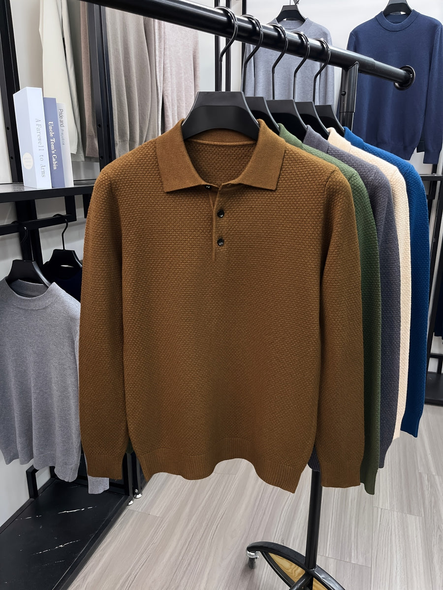 Autumn Men'S Long Sleeve T-Shirt Long Sleeve Pineapple Needle Lapel Business Casual Solid Color POLO Shirt - Coffee Color