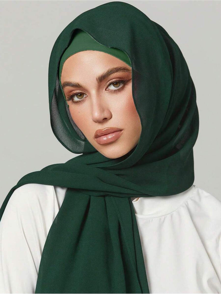 2pcs/Set FONSAF Women' Chiffon & Tube Cap - Solid Color Muslim Headscarf with Jersey Inner Cap, Breathable Chiffon Suitable for Prayer, Work, Daily Wear, Conservative for All Seasons, Suitable for Work, Commute, Outing, Party - Dark Green