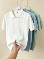 Men 3pcs Vertical Textured Knit Polo Shirts, Slim Fit Notch Collar Short Sleeve Knitwear, Lightweight Comfort Shirts for Office Vacation Daily Wear - Light Green-Light Blue-White