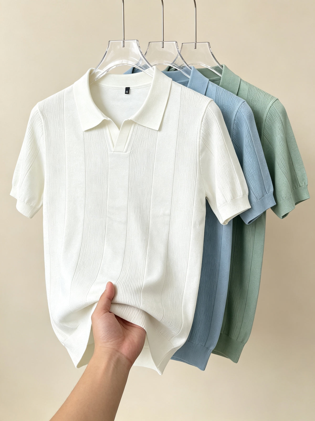 Men 3pcs Vertical Textured Knit Polo Shirts, Slim Fit Notch Collar Short Sleeve Knitwear, Lightweight Comfort Shirts for Office Vacation Daily Wear - Light Green-Light Blue-White