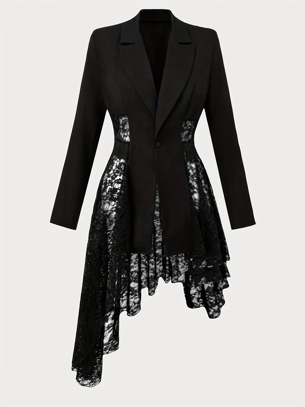 Women'S Fashion Cinched Waist Lace Patchwork Irregular Suit Jacket, Elegant for Daily Life - Black