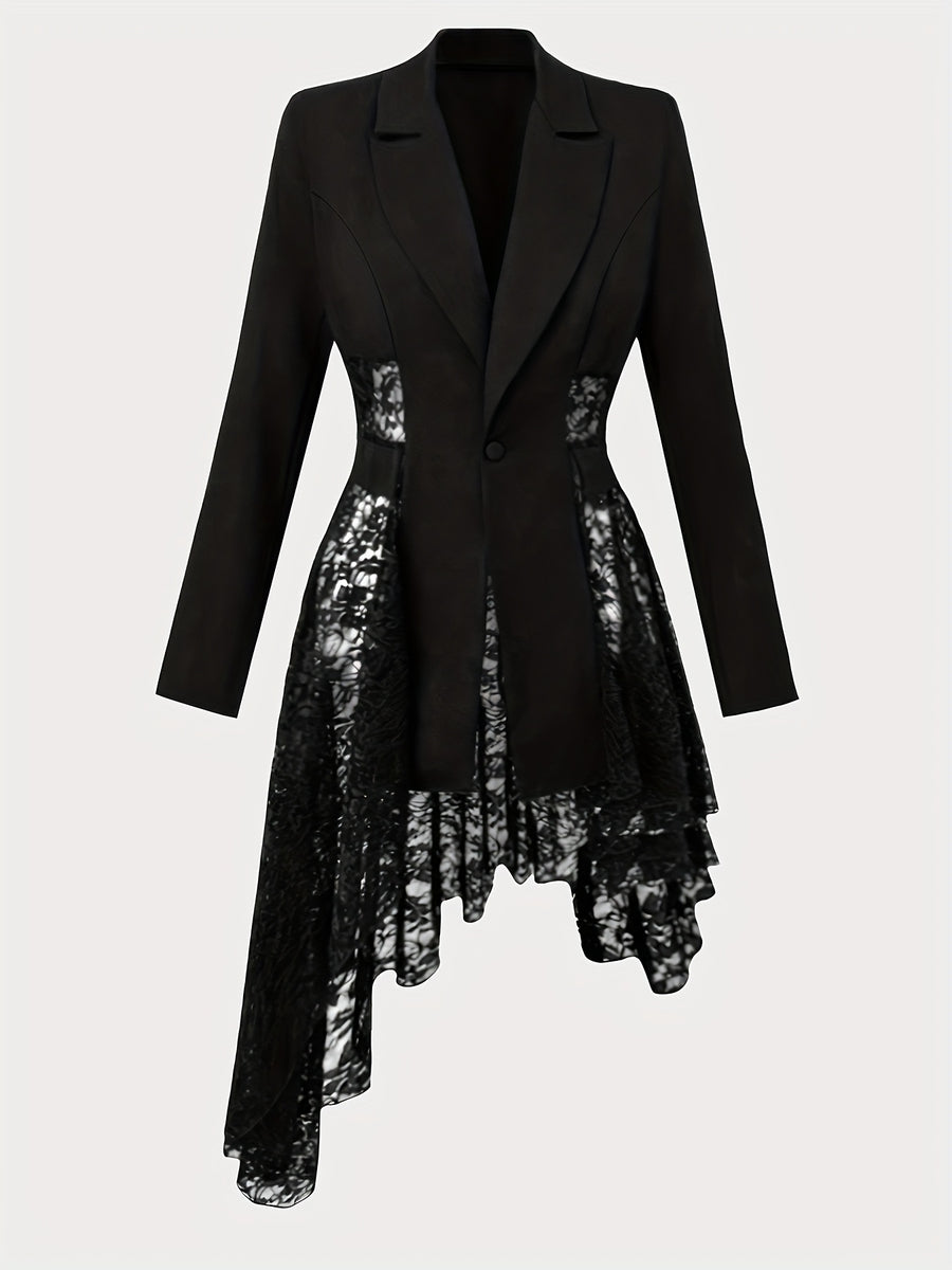 Women'S Fashion Cinched Waist Lace Patchwork Irregular Suit Jacket, Elegant for Daily Life - Black