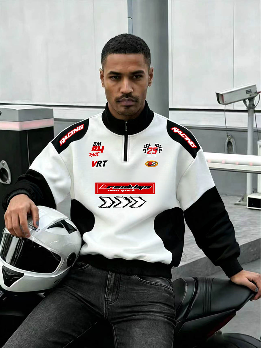 Men'S Individual Multi-Pattern Geometric Print Stand-Collar Sweatshirt, Black And White Contrast Color Patchwork Design, Quarter-Zip with Stand-Collar, Retro Motorcycle Style Sweatshirt - White