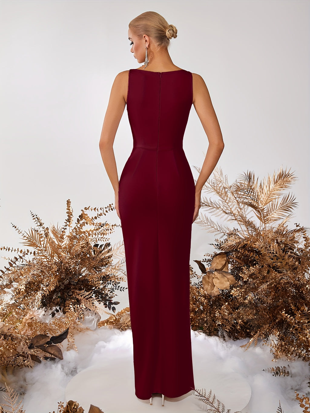 Straight Neck Side Slit Slim Fit Prom Party Cocktail Reception Formal Ladies Dinner Dress - Burgundy