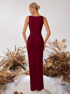 Straight Neck Side Slit Slim Fit Prom Party Cocktail Reception Formal Ladies Dinner Dress - Burgundy