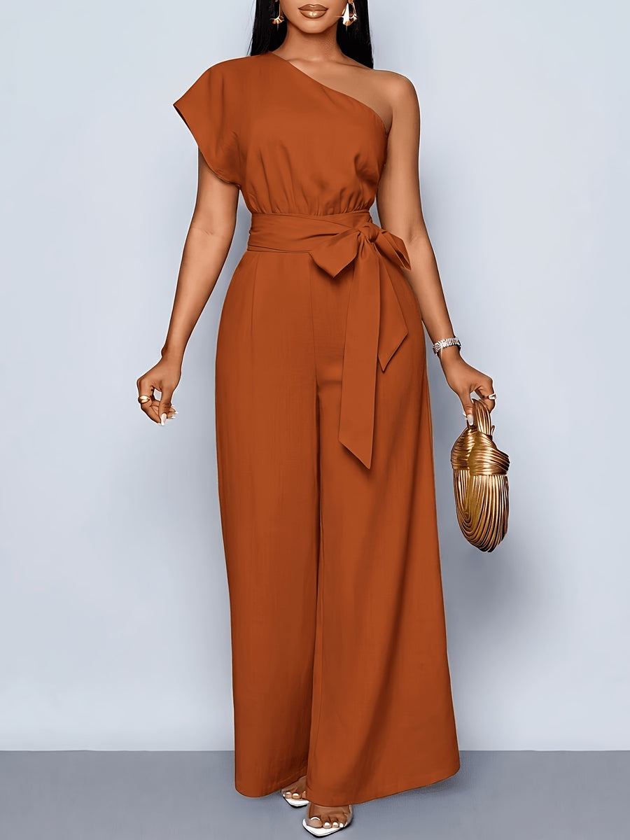 Women'S Summer Commute Fashionable Elegant Daytime Outing Casual Easy Solid Color Asymmetrical One-Shoulder Pleated Wide-Leg Jumpsuit, Suitable for Daily Wear, Dates, Parties, Vacation Outfits, All-Season Clothing, Women'S Office Attire - Cinnamon