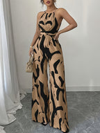 Women'S Printed Fabric Ruched Jumpsuit with Halter Neck, Elegant for Holiday And Everyday Wear - Dark Brown