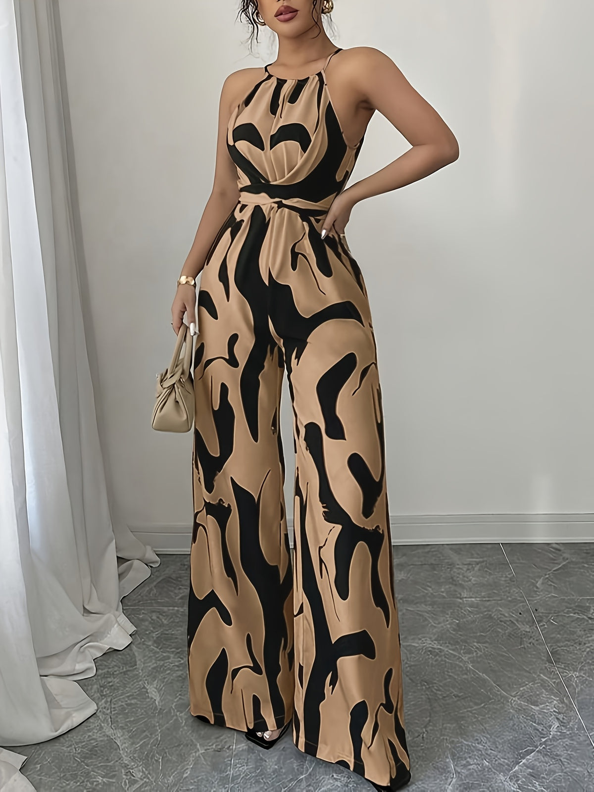 Women'S Printed Fabric Ruched Jumpsuit with Halter Neck, Elegant for Holiday And Everyday Wear - Dark Brown