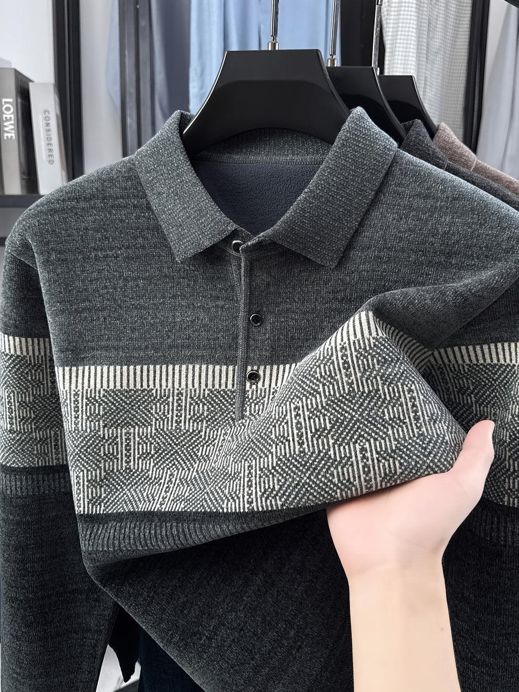 Men's Color-Block Knit Pullover, Casual Warm Autumn/Winter POLO Sweater - Dark Gray
