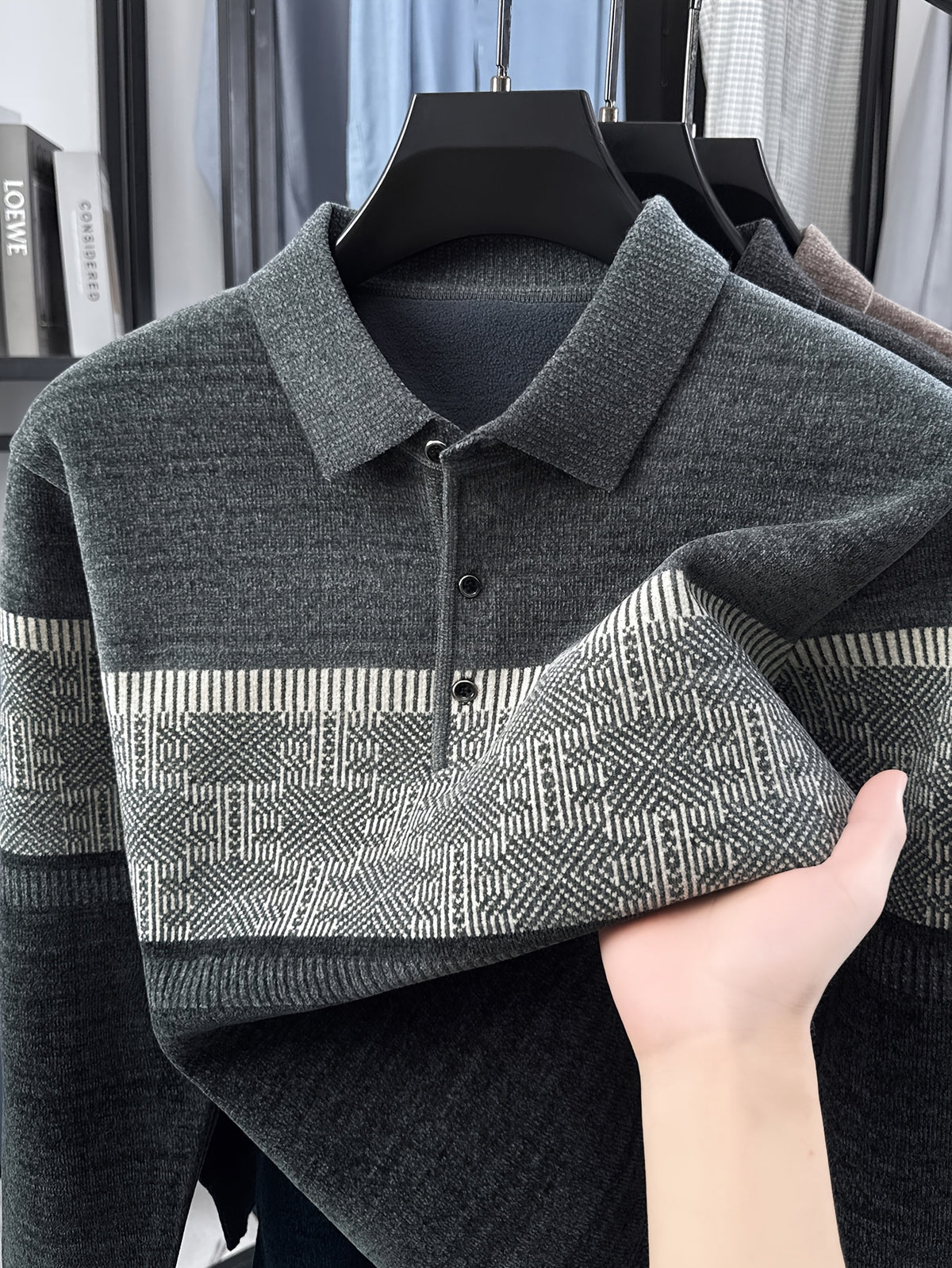 Men's Color-Block Knit Pullover, Casual Warm Autumn/Winter POLO Sweater - Dark Gray