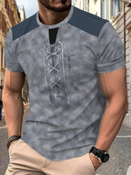 Men's Casual Short-Sleeve T-Shirt with Faux Drawstring Collar - Round Neck Summer Shirt, Suitable for Warm Weather, Machine Washable Opaque Blouse-Compatible (No Transparency) for Casual Attire & Layering - Slate Grey