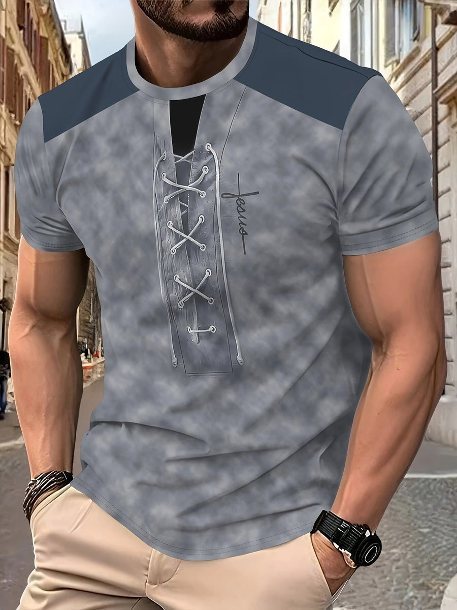 Men's Casual Short-Sleeve T-Shirt with Faux Drawstring Collar - Round Neck Summer Shirt, Suitable for Warm Weather, Machine Washable Opaque Blouse-Compatible (No Transparency) for Casual Attire & Layering - Slate Grey