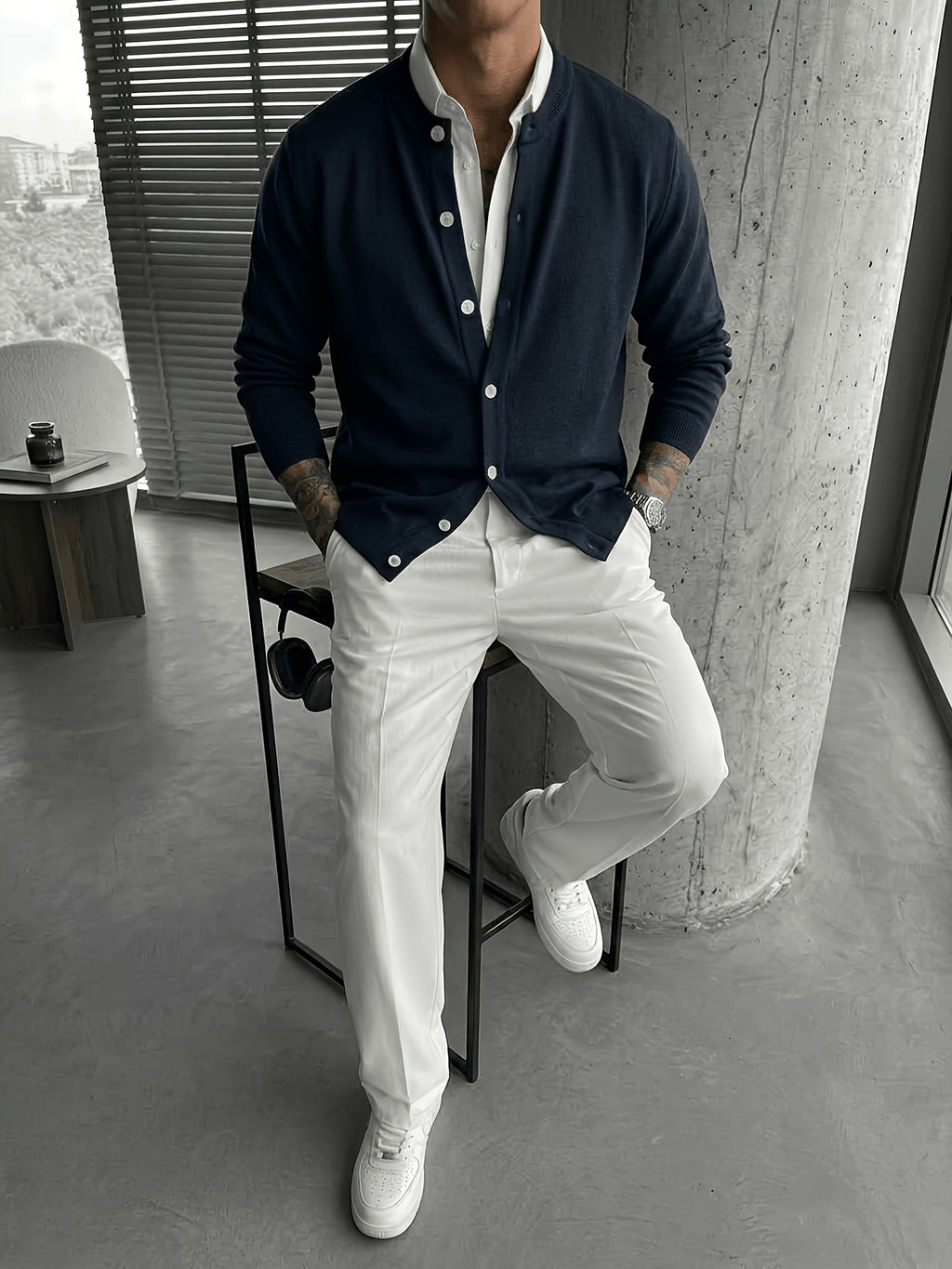 2026 Spring/Autumn New Men'S Solid Color Knit Cardigan, Casual Versatile Trendy Slimming Long Sleeve Temperament Lightly Mature Style Outerwear Top - Navy Color