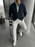 2026 Spring/Autumn New Men'S Solid Color Knit Cardigan, Casual Versatile Trendy Slimming Long Sleeve Temperament Lightly Mature Style Outerwear Top - Navy Color