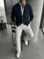 2026 Spring/Autumn New Men'S Solid Color Knit Cardigan, Casual Versatile Trendy Slimming Long Sleeve Temperament Lightly Mature Style Outerwear Top - Navy Color