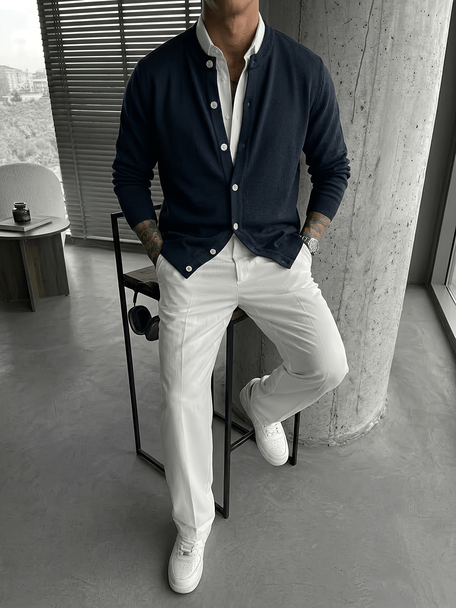 2026 Spring/Autumn New Men'S Solid Color Knit Cardigan, Casual Versatile Trendy Slimming Long Sleeve Temperament Lightly Mature Style Outerwear Top - Navy Color