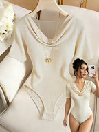 1pc Women's Minimalist Basic Style Ribbed Swing Neck Short Sleeve 1pc Stretchy Slim-fit Crotch Snap-button Vest, Suitable for Commuting, Daily, and Streetwear - Apricot