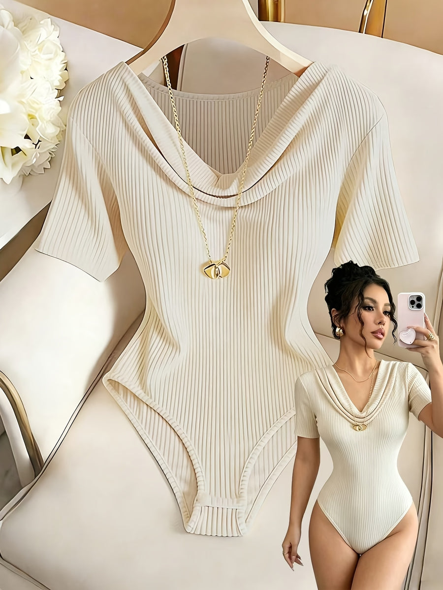 1pc Women's Minimalist Basic Style Ribbed Swing Neck Short Sleeve 1pc Stretchy Slim-fit Crotch Snap-button Vest, Suitable for Commuting, Daily, and Streetwear - Apricot