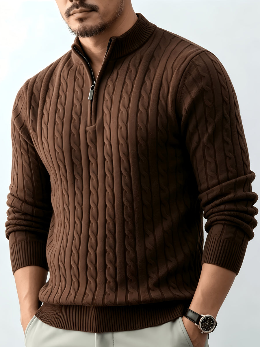 Men's Relaxed-fit Spring and Autumn Style with a Chic Half-zipper Design for a Casual, Laid-back Look. The Exquisite Cable-knit Texture Adds a Vintage Touch, While the Solid Color Offers a Calm and Sophisticated Vibe, Perfect for Creating a Casual - Coffee Color