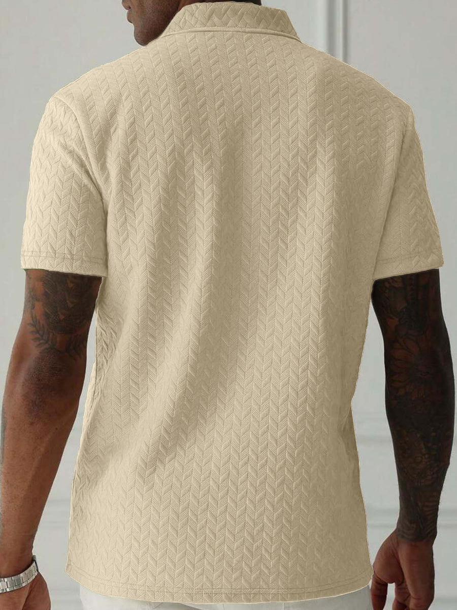Men'S Summer Fashion Breathable Polo Shirt Short Sleeve, Easy Style, 3D Jacquard Texture Fabric, Vertical Texture Very Good, Zipper Collar Design, Easy Style Small Print Pattern And Zipper Details - Khaki