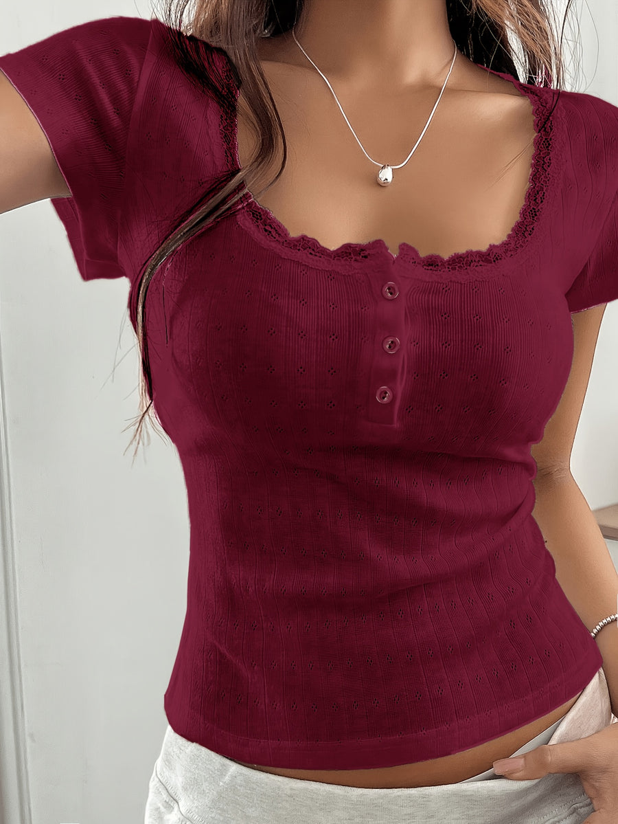 Spring Summer Women'S Sweet Lace Trim Short Sleeve Slim Casual T-Shirt Top - Reddish Purple