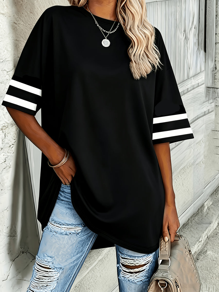 Plus Size Striped Cuff Short Sleeve, Solid Color Spring Summer Fashion Plus Size Short Sleeve, Mid-Length Design, Black And White Available, Suitable for Spring Summer Outings, Travel, Home, Outdoor Photoshoots, Cute Plus Size Women'S Clothing - Black