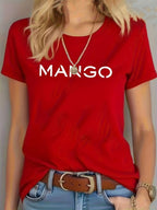 Women's Red Short Sleeve T-Shirt, Casual Crew Neck Tee with White "MANGO" Letter Print on Front, Lightweight Polyester Top in Multiple Specifications Available, Ideal for Everyday Casual Outings and Daily Wear - Red
