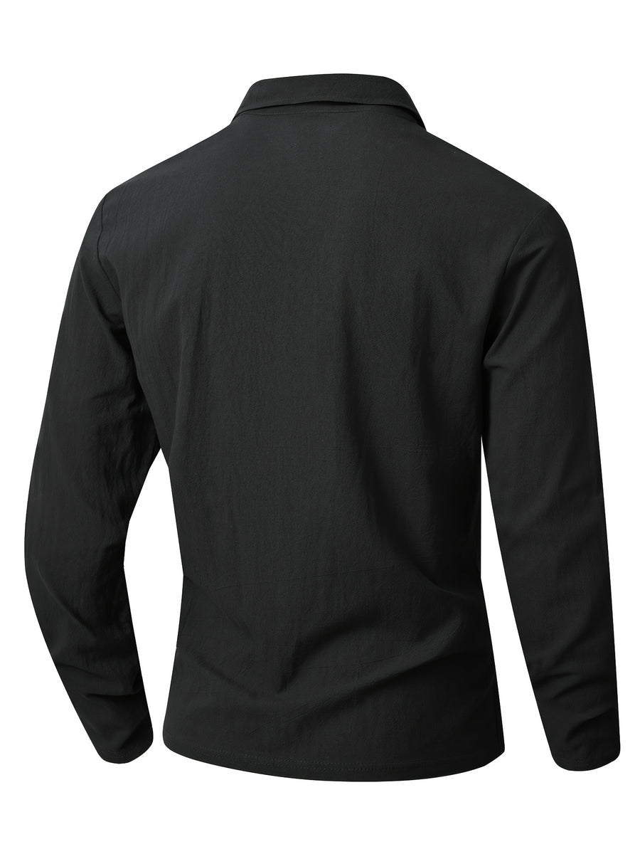 2026 Spring Autumn Men'S Casual Solid Color Lapel V-Neck Long Sleeve Men'S Western Casual All-Match Long Sleeve Top - Black
