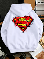 Men'S Fashion Sweatshirt, Retro Distressed Cracked Graffiti Superman Logo Print Design, Men'S Trendy Hoodie Loose Fit, Adjustable Drawstring, Fleece-Lined Sweatshirt Comfortable Fall Winter Wear, Outdoor Sports Casual Trendy Clothing - White