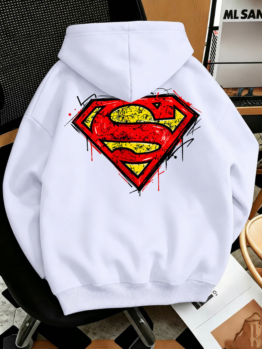 Men'S Fashion Sweatshirt, Retro Distressed Cracked Graffiti Superman Logo Print Design, Men'S Trendy Hoodie Loose Fit, Adjustable Drawstring, Fleece-Lined Sweatshirt Comfortable Fall Winter Wear, Outdoor Sports Casual Trendy Clothing - White