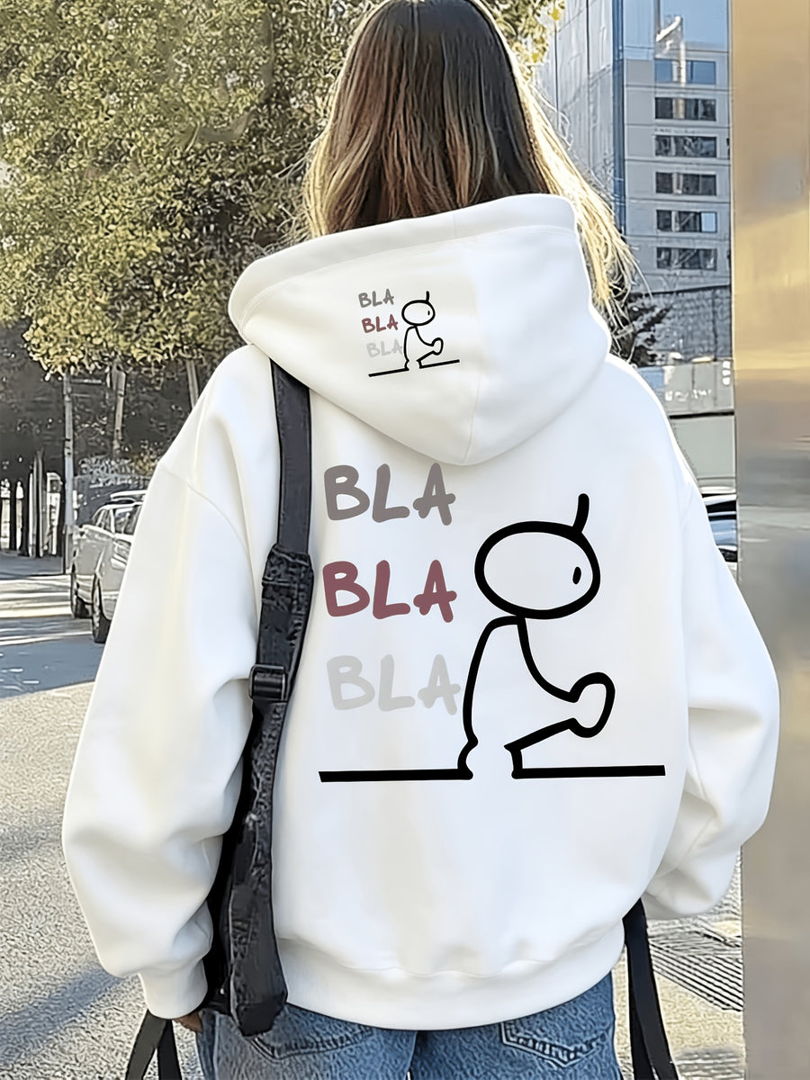 Women's Loose Fit Bla Bla Bla Stick Figure Print Hooded Sweatshirt, Fun Cartoon Back + Brim Print Pullover, Drop Shoulder Long Sleeve Hoodie, American Trendy Casual Street Style, Soft and Comfortable Fabric, Girly and Cute Outfit, Suitable for Daily - White