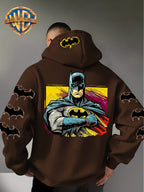 Men'S Hooded Sweatshirt, Batman Classic Image Print, Large Heroic Pattern on Back, Multiple Bat Logos on Sleeves, Exclusive Bat Emblem on Back of Hood, Trendy Street Style Design, Rich Details with Strong Visual Impact - Coffee Color