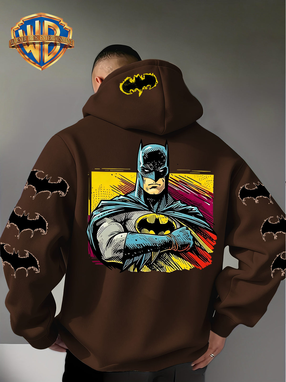 Men'S Hooded Sweatshirt, Batman Classic Image Print, Large Heroic Pattern on Back, Multiple Bat Logos on Sleeves, Exclusive Bat Emblem on Back of Hood, Trendy Street Style Design, Rich Details with Strong Visual Impact - Coffee Color