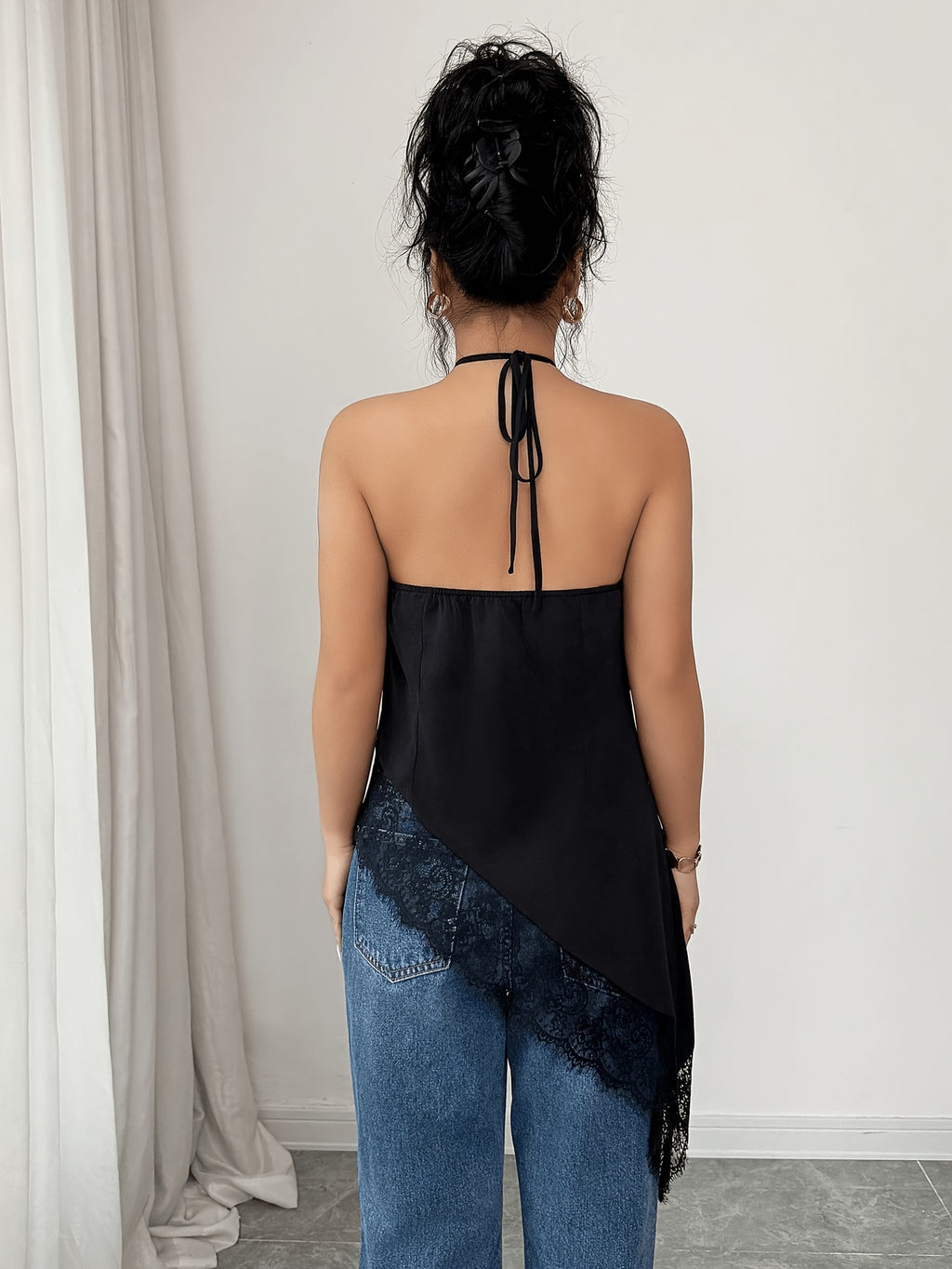 New Women's Satin Summer Backless Lace Camisole Top, Sexy Sleeveless Bodycon Blouse, Suitable for Parties, Cocktail Events, Formal Occasions, and Business Casual Women's Beachwear - Black