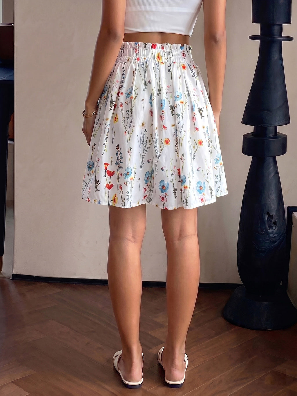 Women's High-Waist Shorts with Wildflower Print, Versatile Style, Casual Draped Loose Skort with Pleated Waistband, 2026 New Arrival, In Stock for Quick Shipping, Machine Washable - Milky