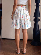 Women's High-Waist Shorts with Wildflower Print, Versatile Style, Casual Draped Loose Skort with Pleated Waistband, 2026 New Arrival, In Stock for Quick Shipping, Machine Washable - Milky