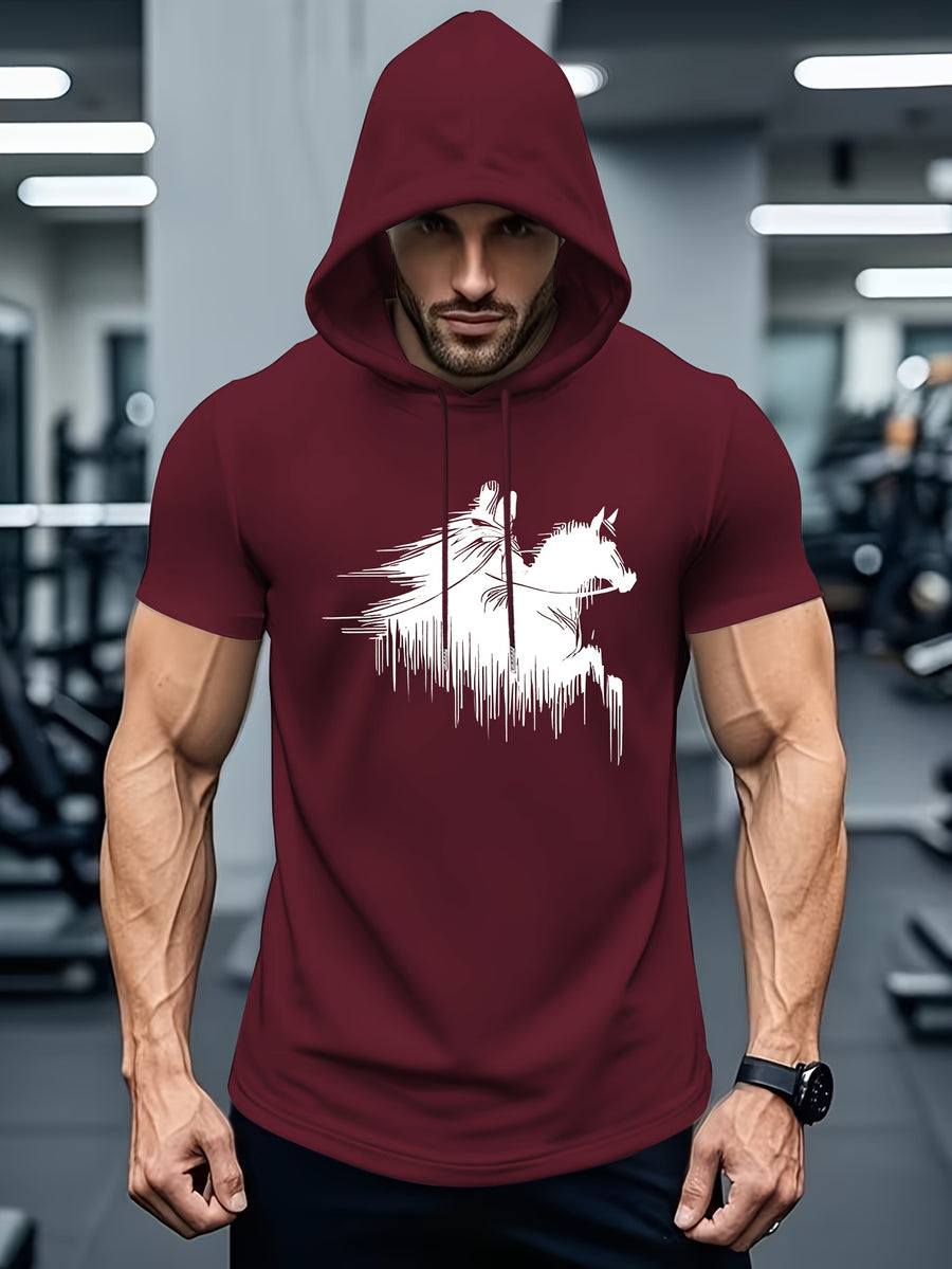 Knight Silhouette Print Men'S Short Sleeve Hoodie, Powerful Line Art Style, Black Background with Knight And Galloping Horse Silhouettes, Equestrian Enthusiasts, Daily Commute Multi-Scene Versatile Individual Top - Burgundy