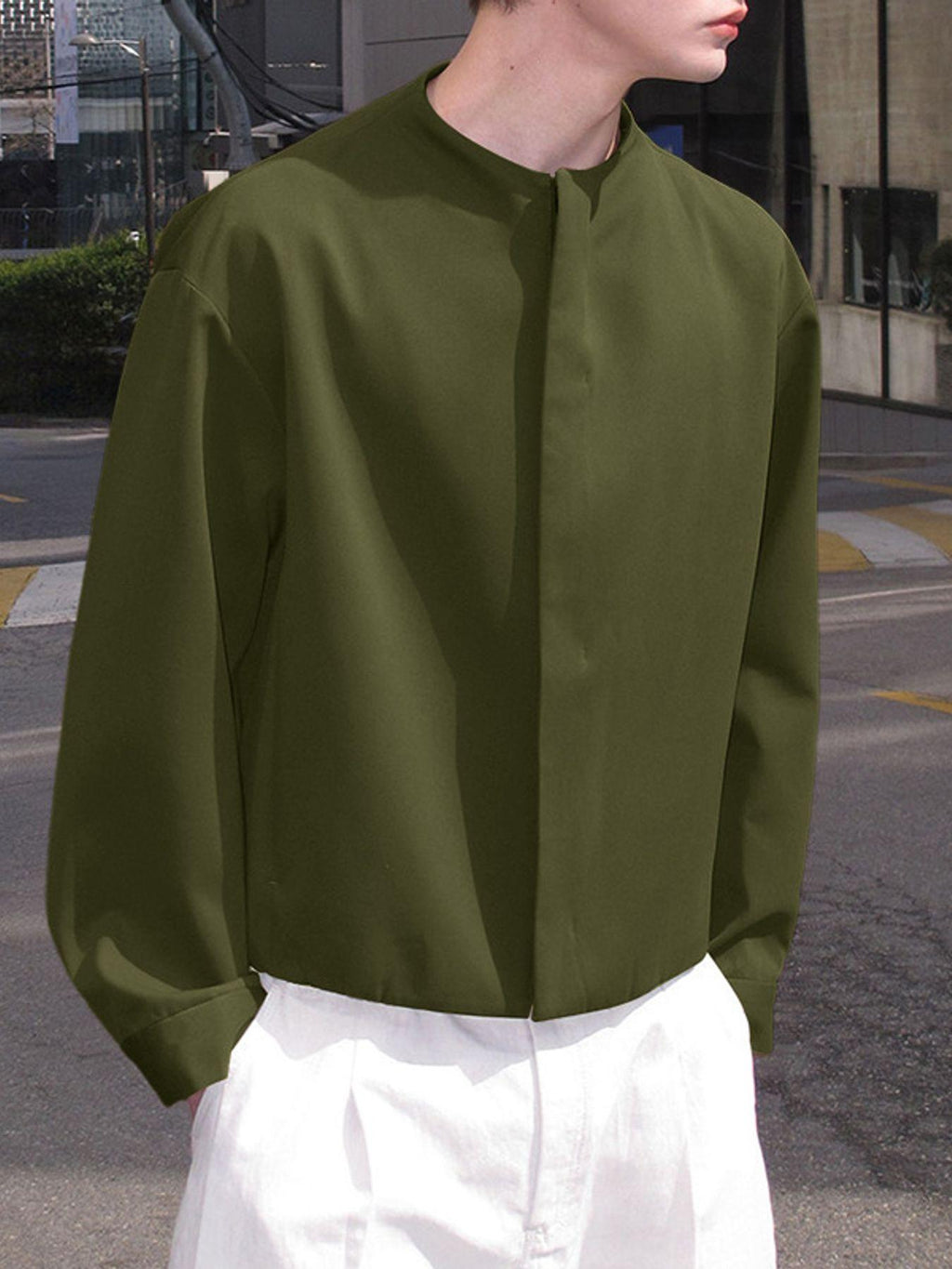 Men Casual Tops Solid Long Sleeve Crew Neck Zip-up Loose Thin Outdoor Formal Work Leisure Shirt, Chinese Size, Please Check The Size Guide Carefully - Olive Green